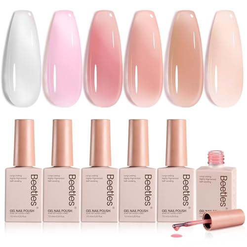 Image of Beetles Jelly Gel Nail Polish Set - 6 Colors Neutral Sheer Milky White Nude Pink Gel Polish Kit Translucent Soak off UV French Nail Art Manicure Gift for Women Girls
