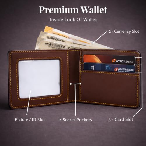 Image of Personalized Name Wallet, Pen & Keychain Combo for Men (Brown) | Customised Mens Wallet Name Engraved with Charm | Customized Corporate Gift Set for Office | Personalised for Husband, Boys