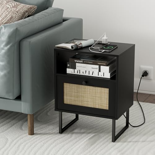 Image of Masupu Extra Large Rattan Nightstand,Boho Night Stand Modern Farmhouse Wood Bedside Table with Storage Drawer and Open Shelf,Side End Table for Bedroom,Living Room,Black