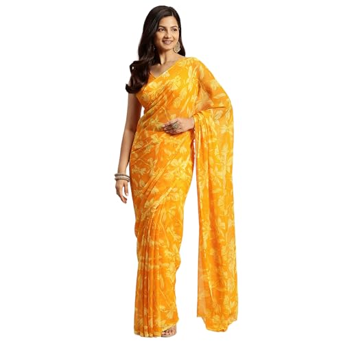 Image of RATAN Women's Chiffon Floral Printed Saree with Unstitched Blouse Piece