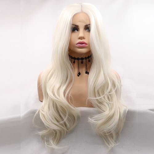 xiweiya Long Body Wavy Platinum Blonde Lace Front Wig White Blonde Synthetic Lace Front Wig Natural White Hair Replacement Full Wig Heat Resistant Fiber 150% Density Wig for Women 24inch