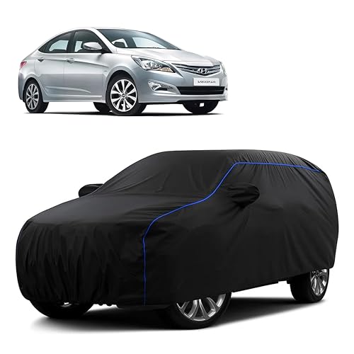 Image of Sulfar 100% Water Resistant Car Body Cover Compatible with Mirror for Hyundai Fluidic Verna (Triple Stitched, Full Bottom Elastic, Black Tafetta with Blue Piping)