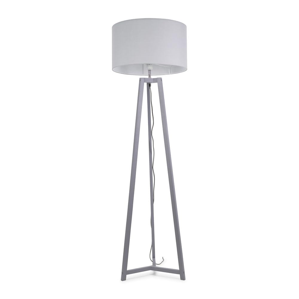 Grey Wood Tripod Floor Lamp with Grey Fabric Drum Lampshade Living Room Light - LED Bulb Included
