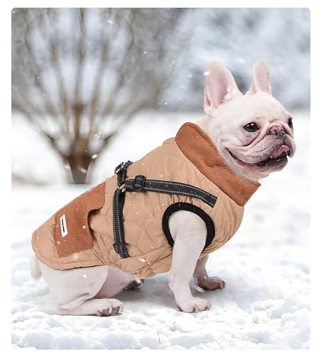 Hundejacke mit Geschirr und Taschendesign, Upgrade Hundemantel für Winter kaltes Wetter gemütlich Winddicht Haustier Kleidung mit reflektierenden für kleine bis mittelgroße Hunde (Khaki, XXL)