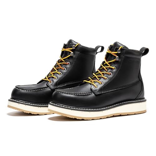 ROCKROOSTER Men's 6 Inch Black Steel Toe Leather Work Boots, Wedge Sole Safety Boots for Construction and Rough Work SAP2301-ST