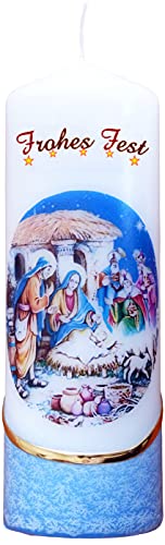 Meissner-Handel Auswahl Motiv, Weihnachtskerze 'Frohes Fest' ca. 6 x 18 cm, farbig getaucht, mit farbigen Wachs- und Bildauflagen * (Motiv 021-FF) Cover