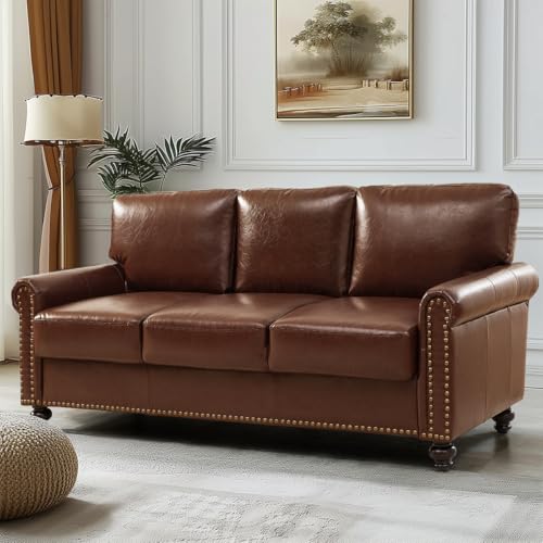 ParlorDream 80" Faux Leather Sofa with Storage, Mid-Century Modern Rolled