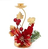 La pieza central favorita de la temporada es un arreglo de flores de Pascua de imitación, vegetación de invierno y adornos de purpurina roja. Rama de hoja de oro como pilar, con un mini candelabro. Estos adornos navideños novedosos ayudarían a mejorar el ambiente festivo.