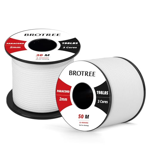 Brotree 2mm Paracord 3 Strands 50M 100% Nylon Rope Parachute Cord for Outdoor Craft, DIY - 90kg Breaking Load (White)