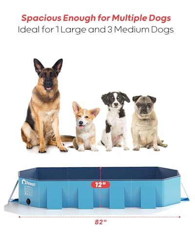 Image of Peteast Dog Pool for Large Dogs, Foldable Hard Plastic, 82 x 46 x 12 in | Extra Large Collapsible Pet Bath Tub with Non-Slip Base for Indoor, Outdoor and Backyard Use, Blue