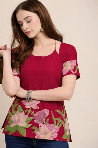 Image of Women's Floral Pure Cotton V-Neck Short Kurti (Has Lining) | Lightweight Short Sleeve Tunic | Breathable Stylish Casual & Office Wear Top