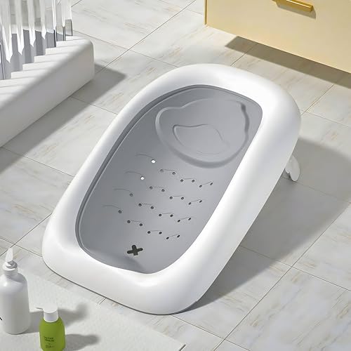 Image of Foldable Plastic Baby Bath Seat - Ergonomic Non-Slip Design, Portable for Newborns up to 10 Months, Baby Bath Tub, Baby Chair, Toys (MNBS2- Grey)