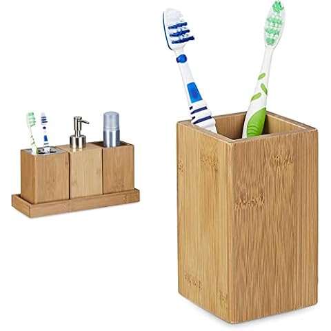 Relaxdays Bad-Accessoires-Set 4-teilig, Natur & Natur Zahnputzbecher, eckig, natürliches Design, Bad Zahnbecher, Bambus PU-beschichtet Cover
