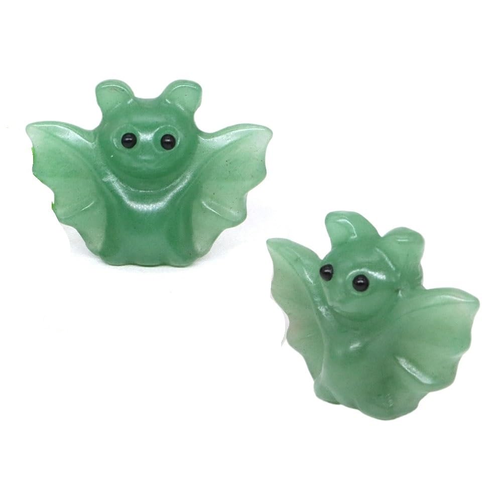 HUFFA 2pcs 1.6'' Hand Carved Rose Quartz Bat Statue - Natural Crystal Animal Figurine for Home Decoration and Meditation(Green Aventurine)