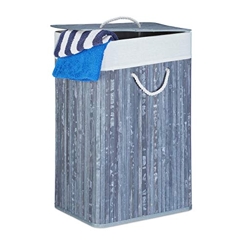 Relaxdays Cesto Ropa Sucia Plegable, Cubo Colada Rectangular con Tapa, Bambú, 83 L, 65,5 x 43,5 x 33,5 cm, Gris