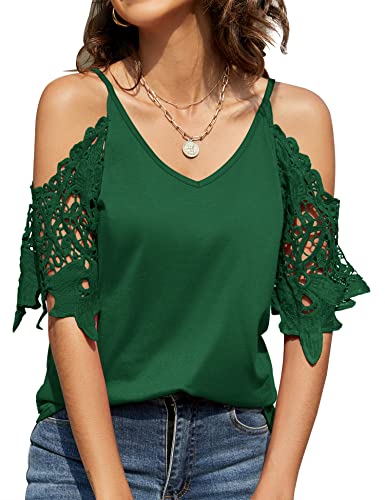 TFSDOD Summer V Neck Cold Shoulder Tops for Women Lace Cutout Short Sleeve Shirts Tunic Blouses Dark Green Medium