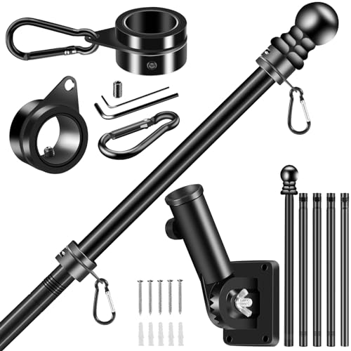 BONWIN Black Flagpole Kits for Outside House, 6 FT Thickened Stainless Steel Porch Wall Flag Pole for 3x5'/4x6' Flag, 1
