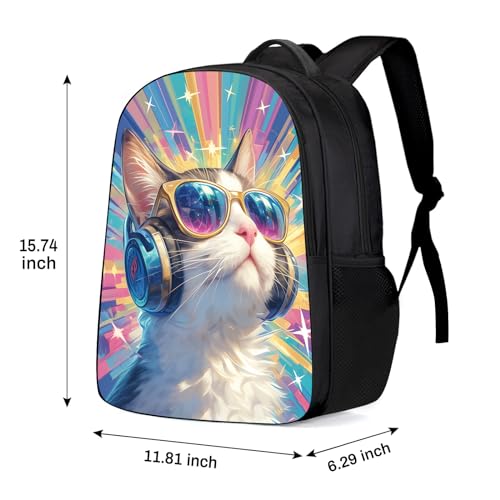 Cat Backpack for Girls, Funny Cat wear Sunglasses Love Music Bookbag, kitty Girls Backpack, Elementary School Boys Girls School Bag, 16 Inch, Colorful Rainbow Stars2