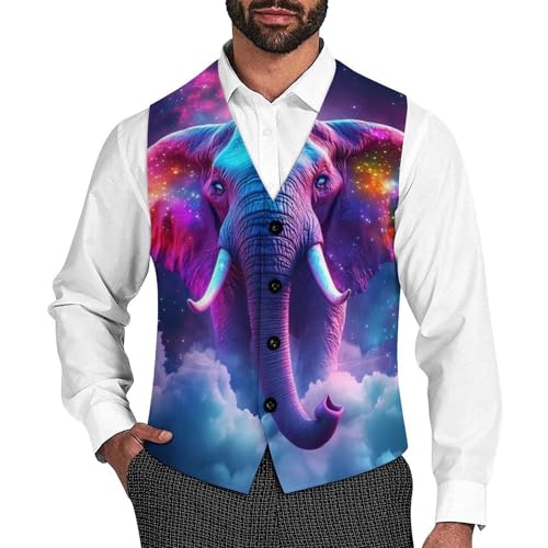 Elephant Colorful Galaxy Suit Vest for Men Waistcoat Dressy V Neck Button Down Sleeveless Business Jacket Coat