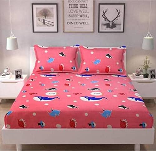 Image of Glace Cotton Printed King Size Double Bed Elastic Fitted Bedsheet with 2 Pillow Cover (Pink Fish DB)