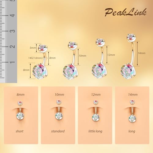 PEAKLINK Titanium Belly Button Ring 14G Belly Jewelry Navel Bar Internally Threaded Belly Barbell with Double Cubic Zircon Navel Jewelry Navel Belly Piercing for Women 8 10 12 14mm3