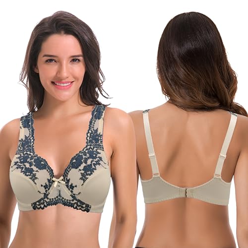 Image of Curve Muse Women's Minimizer Unlined Underwire Bra with Lace Embroidery-2 Pack