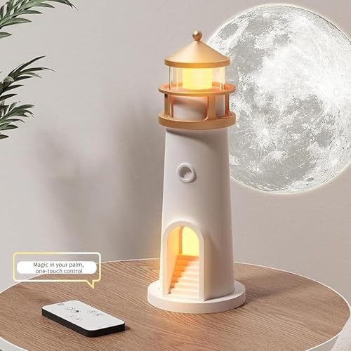 Image of Desidiya Lighthouse Lamp Galaxy Moon Projector Lamp Night Light LED Light with Remote, 4 Brightness Levels, Timer, USB Rechargeable Tabletop Light for Kids Bedroom & Aesthetic Room Decor