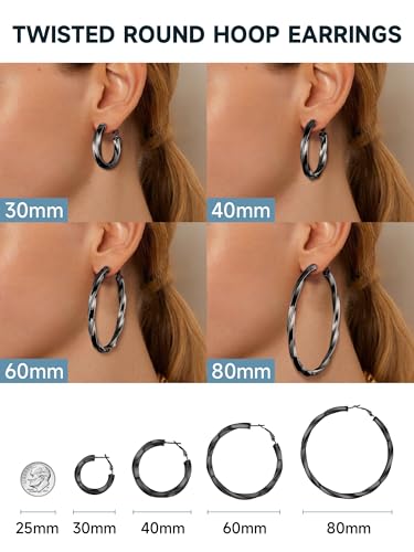 Image of Stainless Steel Chunky Hoop Earrings For Women, Minimalist and Chic, Black /Gold Plated, Round Hoops Earrings Hypoallergenic, Size: 30mm /40mm /60mm /80mm, Come with Box