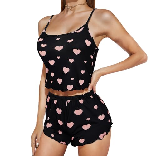 Image of American Trends Cute Pajamas for Women Strawberry Print Cami Top and Shorts Pj Set Two Piece Pajama Set Sleepwear Sleep Set