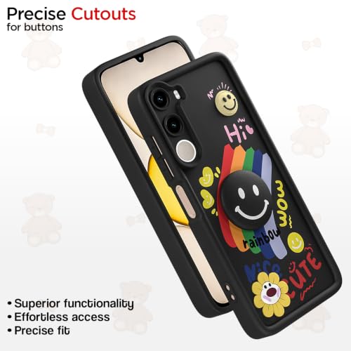 Image of Pikkme Back Cover for Poco M7 Plus 5G | Soft Silicone| Cute Rainbow Smile & 3D Cartoon Flower Design | Shockproof Raised Camera Protection Bumper Case (Black)
