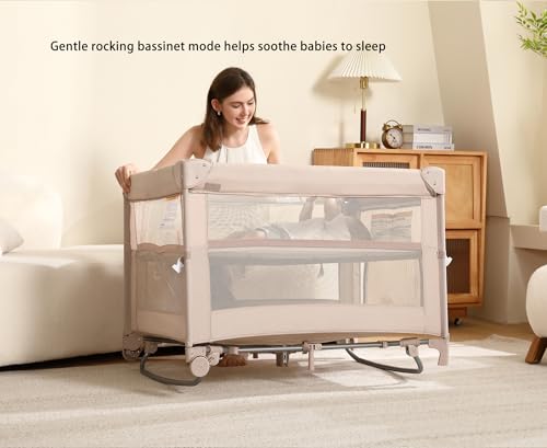 Pack and Play, 4 in 1 Baby Playard – Portable Crib, Bassinet, Bedside Sleeper, Changing Table & Playpen | Breathable Mesh | Safe & Foldable for Newborns to Toddlers (Beige)