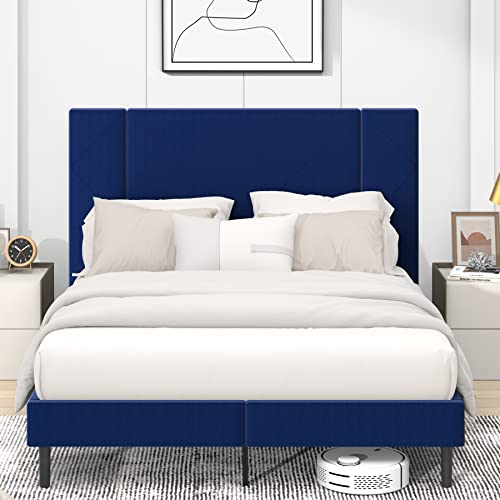 Flolinda King Bed Frame With Headboard, Soft Velvet Upholstered Bed Frame, Wood Sprung Slat Support, Modern Platform Bed Frame Queen Size, No Box Spring Needed, Easy Assembly, Navy Blue #TOP2