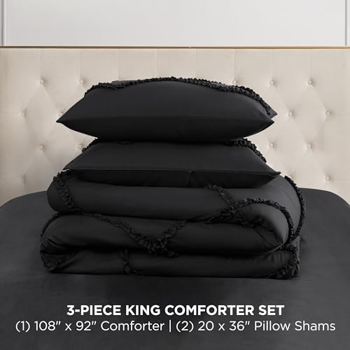 Image of Juicy Couture Diamond King Comforter Set - Ruffle 3-Piece Machine Washable Reversible Bedding Comforter Set, Black