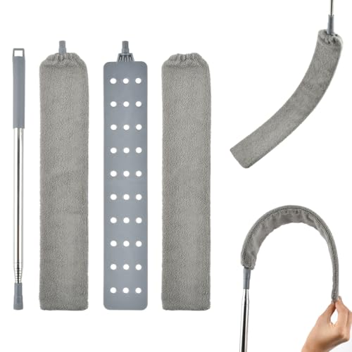 POUMUE 2.2m Plumero Telescopico Extensible con Barra Telescópica de Acero Inoxidable, Plumero Atrapapolvo con 2 Capuchas Lavable, Plumero Atrapapolvo Microfibra para Debajo del Sofá Cama,Muebles,Piso