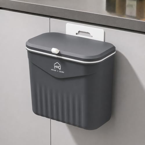 Image of House of Quirk 7L Hanging Kitchen Trash Can with Lid, Wall Mounted & Cabinet Door Waste Bin, Double-Sided Opening (Slate Grey)