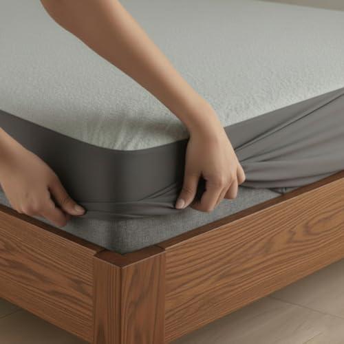 Image of Livspace 100% Waterproof Premium Cotton Feel Ultra Soft Mattress Protector Single Bed | 78 inch x 36 inch | Noiseless, Breathable & Hypoallergenic Bed Protector, Fits Upto 10 inch - Bello Cosy Canopy (Grey)