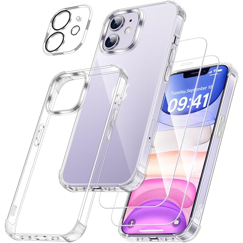 FLLAO 4 en 1 Coque pour iPhone 11 avec 2 Verre Trempé et 1 Caméra Protecteur, [Coussin d'air Intégré] Antichoc Antirayures Bumper Protection Housse pour iPhone 11 6.1', Transparent