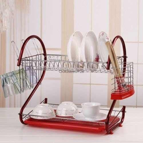 Red 2 Tier Stainless Steel Dish Drainer Drying Rack Space Saver