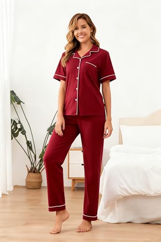 Image of 100% Cotton Pajama Sets for Women 2 Piece Long Sleeve Button Down Pjs Soft Comfy Ladies Sleepwear Lounge Sets S-XL