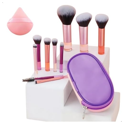 Kit 10 Pincéis de Maquiagem com Travel Bag e 1 Esponja de Maquiagem, Cerdas Sintéticas e Macias para Base, Pó, Blush, Corretivo e Sombras