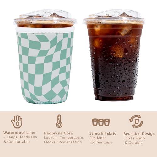 Image of Reusable Insulated Sleeve for Iced Coffee Cup, Coffee Neoprene Sleeve for Cold & Hot Drinks, Beverage Holder for Iced Coffee (Wavy Grid, Small: 16-18oz)