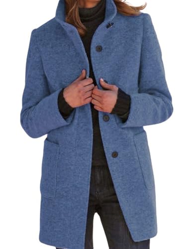 CHARTOU Women Winter Long Pea Coat Wool Blend Stand Collar Single Breast Thicken Blazer Jacket