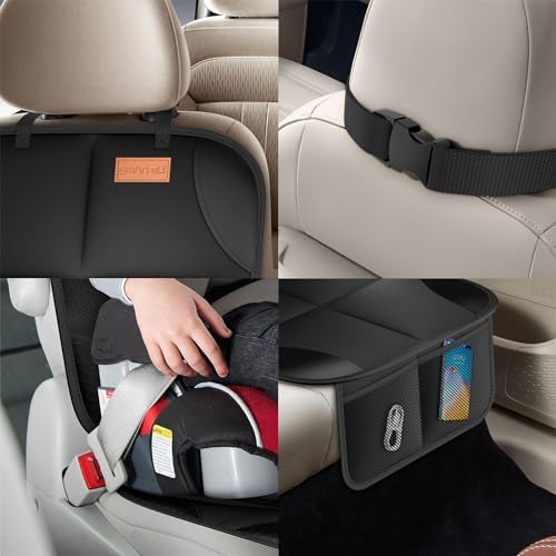 car seat protector large auto protector for child seats with thickest padding and non-slip backing mesh pockets for suv sedan truck leather and fabric - black
