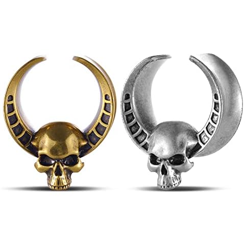 ERKUOO 2PCS Opening Saddle Ear Tunnel Skull Horns Plug Ear Gauges Piercing Expander Studs Stretchers Fashion Body Piercing Jewelry Earrings Gift 10mm Cover