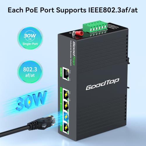Image of 5 Port Industrial Gigabit PoE+ Switch, 12V /24V to 48V Booster, DIN-Rail | 802.3af /at | 4x 30W PoE 1 Uplink | 12V-52V Input to 48V /54V Output | Rugged IP40 for RV Camper, Marine, Solar