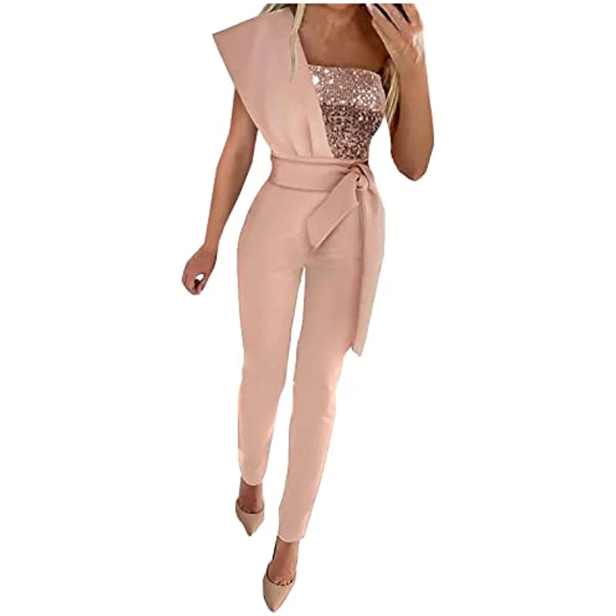 Vagbalena Elegante Mono de Mujer de Manga Corta Mono Largo Pantalón Conjunto Deportivo Mono de Mujer Elegante Mono de Cóctel Fiesta Festival