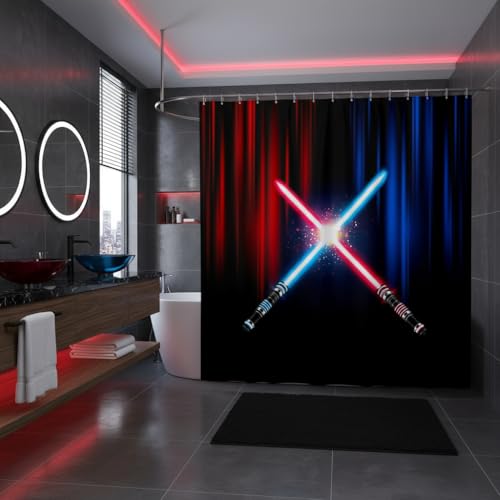 Neon Light Lightsaber Shower Curtain Geometric Red Blue Abstract Ombre Bathroom Curtain Kids Boys Adult Bathtub Decor Video Games Waterproof Curtain Fashion Black Bath Curtain 12 Hooks 72Wx72L