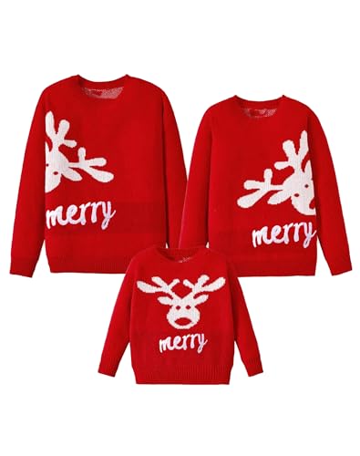 Matching Family Christmas Sweaters Reindeer Knit Pullover Cute Long Sleeve Crew Neck Xmas Holiday Jumper
