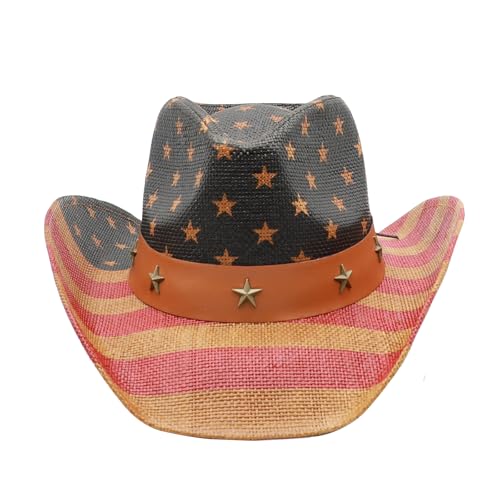 Image of Mens Straw Cowboy Hat Unisex Western Beach Sun Hat for Men Women Wide Brim Fedora Hat Cowgirl Hats Summer Panama Hat
