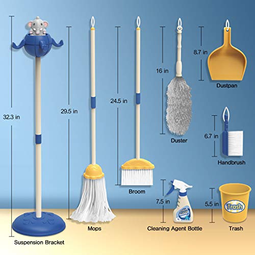 AOKESI Kids Cleaning Set Housekeeping Toy - 8 PCS Elephant Kid Size Cleaning Supplies Mop Broom and Dustpan Set Pretend Play Cleaning Kit for Toddler Kid (Blue)